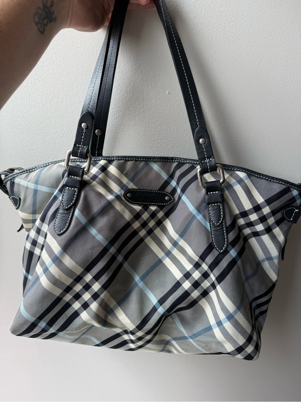 Authentic Burberry blue label tote Gray ,Blue cream Plaid Shoulder Bag